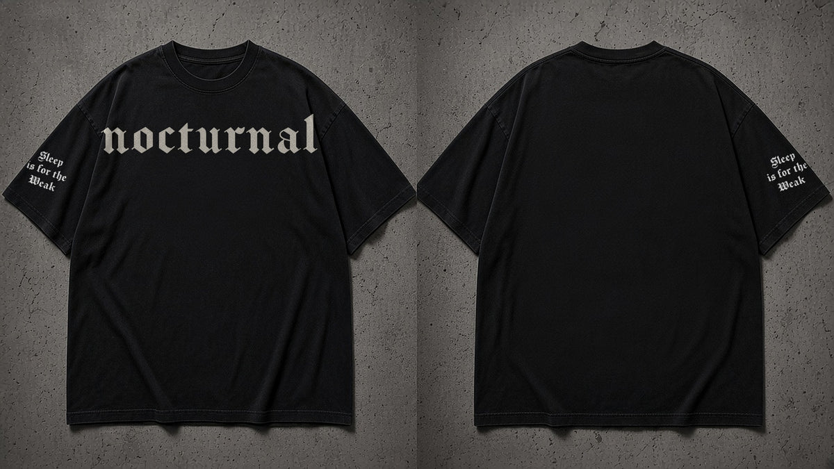 Nocturnal Gothic Tee in black, front and back: 'nocturnal' across the chest, 'Sleep is for the Weak' on the right sleeve