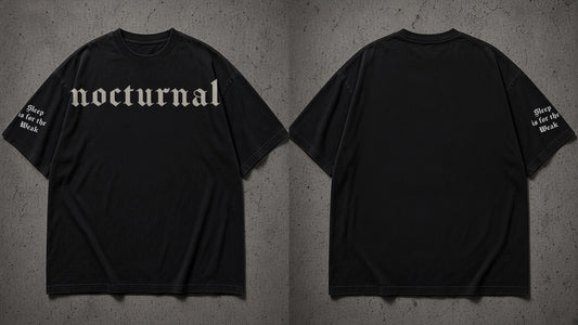 Nocturnal Gothic Tee in black, front and back: 'nocturnal' across the chest, 'Sleep is for the Weak' on the right sleeve