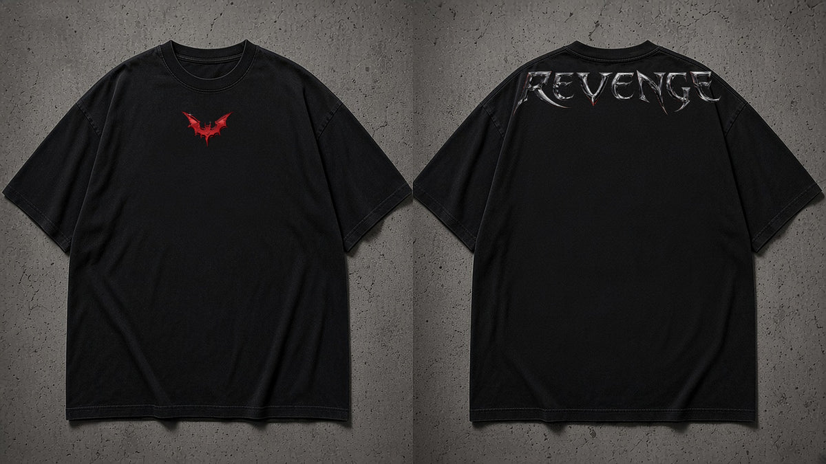 REVENGE tee in black, front and back: metallic red bat on the chest, chrome REVENGE across the back shoulders