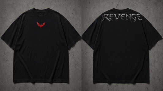 REVENGE tee in black, front and back: metallic red bat on the chest, chrome REVENGE across the back shoulders