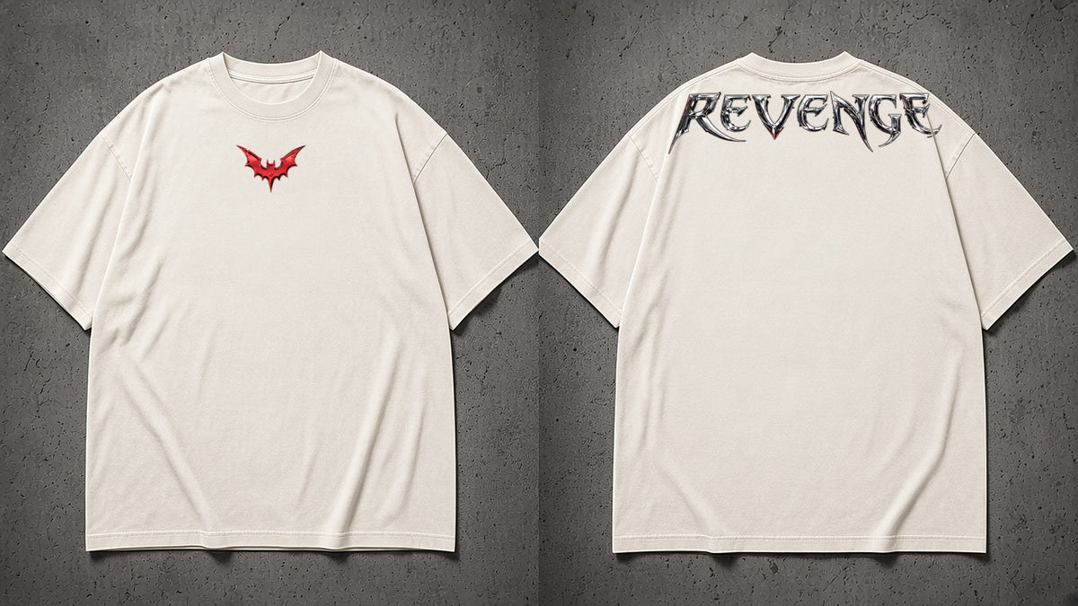REVENGE tee in white, front and back: metallic red bat on the chest, chrome REVENGE across the back shoulders